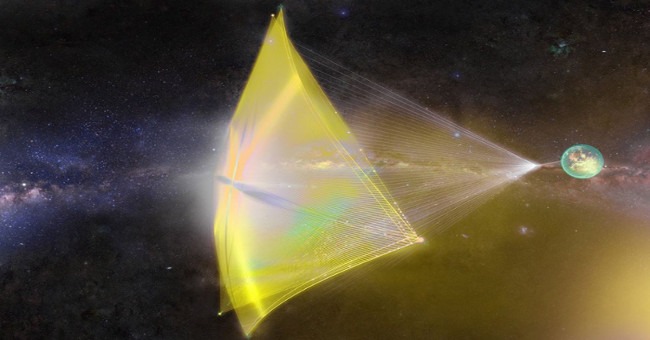 Hình minh họa cánh buồm phản xạ năng lượng laser đẩy tàu nano Breakthrough Starshot