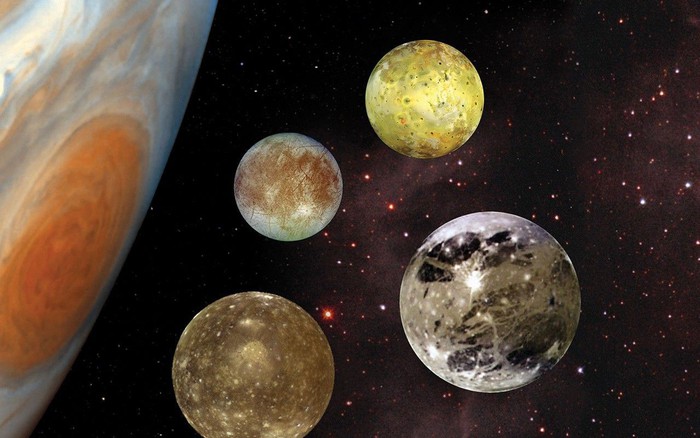 Hình ảnh hệ thống mặt trăng của Sao Mộc với Europa, Ganymede, Callisto và Io trong không gian vũ trụ