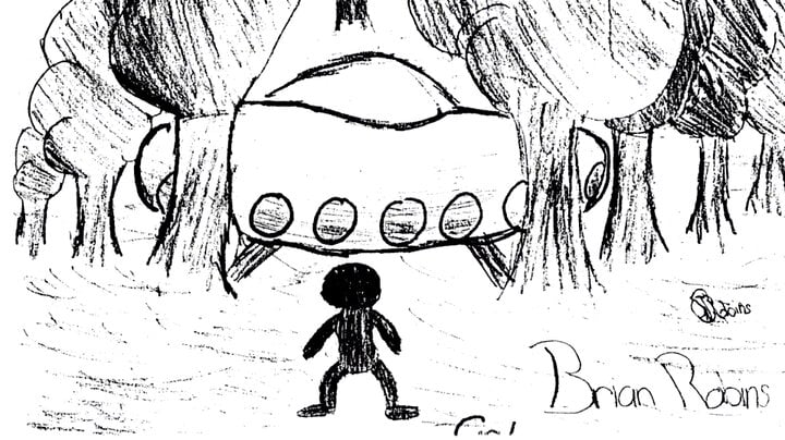 Minh họa sinh vật UFO được học sinh Ariel School Zimbabwe mô tả với đôi mắt lớn và hình dạng kỳ lạ năm 1994